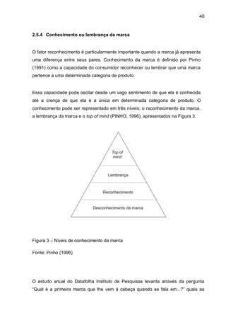 40



2.5.4 Conhecimento ou lembrança da marca


O fator reconhecimento é particularmente importante quando a marca já apresenta
uma diferença entre seus pares. Conhecimento da marca é definido por Pinho
(1991) como a capacidade do consumidor reconhecer ou lembrar que uma marca
pertence a uma determinada categoria de produto.


Essa capacidade pode oscilar desde um vago sentimento de que ela é conhecida
até a crença de que ela é a única em determinada categoria de produto. O
conhecimento pode ser representado em três níveis: o reconhecimento da marca,
a lembrança da marca e o top of mind (PINHO, 1996), apresentados na Figura 3.




Figura 3 – Níveis de conhecimento da marca

Fonte: Pinho (1996)




O estudo anual do Datafolha Instituto de Pesquisas levanta através da pergunta
“Qual é a primeira marca que lhe vem à cabeça quando se fala em...?” quais as
 