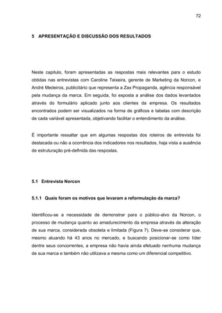 72



5 APRESENTAÇÃO E DISCUSSÃO DOS RESULTADOS




Neste capitulo, foram apresentadas as respostas mais relevantes para o estudo
obtidas nas entrevistas com Caroline Teixeira, gerente de Marketing da Norcon, e
André Medeiros, publicitário que representa a Zax Propaganda, agência responsável
pela mudança da marca. Em seguida, foi exposta a análise dos dados levantados
através do formulário aplicado junto aos clientes da empresa. Os resultados
encontrados podem ser visualizados na forma de gráficos e tabelas com descrição
de cada variável apresentada, objetivando facilitar o entendimento da análise.


É importante ressaltar que em algumas respostas dos roteiros de entrevista foi
destacada ou não a ocorrência dos indicadores nos resultados, haja vista a ausência
de estruturação pré-definida das respostas.




5.1 Entrevista Norcon


5.1.1 Quais foram os motivos que levaram a reformulação da marca?


Identificou-se a necessidade de demonstrar para o público-alvo da Norcon, o
processo de mudança quanto ao amadurecimento da empresa através da alteração
de sua marca, considerada obsoleta e limitada (Figura 7). Deve-se considerar que,
mesmo atuando há 43 anos no mercado, e buscando posicionar-se como líder
dentre seus concorrentes, a empresa não havia ainda efetuado nenhuma mudança
de sua marca e também não utilizava a mesma como um diferencial competitivo.
 