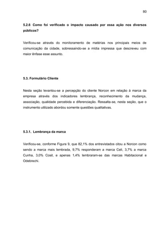 80



5.2.6 Como foi verificado o impacto causado por essa ação nos diversos
públicos?


Verificou-se através do monitoramento de matérias nos principais meios de
comunicação da cidade, sobressaindo-se a mídia impressa que descreveu com
maior ênfase esse assunto.




5.3. Formulário Cliente


Nesta seção levantou-se a percepção do cliente Norcon em relação à marca da
empresa através dos indicadores lembrança, reconhecimento da mudança,
associação, qualidade percebida e diferenciação. Ressalta-se, nesta seção, que o
instrumento utilizado abordou somente questões qualitativas.




5.3.1. Lembrança da marca


Verificou-se, conforme Figura 9, que 82,1% dos entrevistados citou a Norcon como
sendo a marca mais lembrada, 9,7% responderam a marca Celi, 3,7% a marca
Cunha, 3,0% Cosil, e apenas 1,4% lembraram-se das marcas Habitacional e
Odebrechi.
 