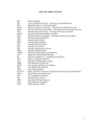 LISTA DE ABREVIATURAS




BD       Banco de Dados
JCP      ( Java Community Process) – Processo da Comunidade Java
DW       (Data Warehouse) – Armazém de dados
OLAP     (On-Line Analytic Processing) – Processamento Analítico On-Line
OLTP     On-Line Transaction Processing – Processamento de Transação On-Line
PDF      Portable Document Format – Formato Portátil de documento
SGBD     Sistema Gerenciador de Banco de Dados
SQL      (Structured Query Language) – Linguagem Estruturada de Query
PSW      Pentaho Schema Workbench
PDS      Pentaho Design Studio
PRD      Pentaho Report Designer
PDI      Pentaho Data Integration
PUC      Pentaho User Console
PAC      Pentaho Adminstration Console
PME      Pentaho Metadata Editor
WAQR     Web-based Adhoc Query and Reporting
API      Application Programming Interface
BI       (Business Intelligence) – Inteligência de Negócios
ETL      Extract, Transform and Load
ETC      Extração, Transformação e Carga
JDBC     Java Database Connectivity
JNDI     Java Naming and Directory Interface
JRE      Java Runtime Environment
JVM      Java Virtual Machine
KETTLE   Kettle, Extraction, Transport, Transformation and Loading Environment
MDX      Multi-Dimensional Expressions
PCI      Pre-Configured Installation
PPL      Pentaho Public License
XML      Extensible Markup Language
DDL      Data Definition Language
CEO       Chefe Executive Oficer




                                                                                 7
 