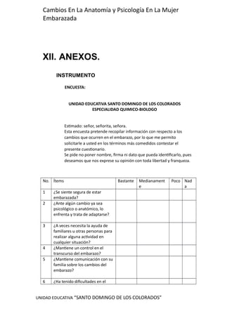 UNIDAD EDUCATIVA “SANTO DOMINGO DE LOS COLORADOS”
Cambios En La Anatomía y Psicología En La Mujer
Embarazada
XII. ANEXOS.
INSTRUMENTO
ENCUESTA:
UNIDAD EDUCATIVA SANTO DOMINGO DE LOS COLORADOS
ESPECIALIDAD QUIMICO-BIOLOGO
Estimado: señor, señorita, señora.
Esta encuesta pretende recopilar información con respecto a los
cambios que ocurren en el embarazo, por lo que me permito
solicitarle a usted en los términos más comedidos contestar el
presente cuestionario.
Se pide no poner nombre, firma ni dato que pueda identificarlo, pues
deseamos que nos exprese su opinión con toda libertad y franqueza.
No. Ítems Bastante Medianament
e
Poco Nad
a
1 ¿Se siente segura de estar
embarazada?
2 ¿Ante algún cambio ya sea
psicológico o anatómico, lo
enfrenta y trata de adaptarse?
3 ¿A veces necesita la ayuda de
familiares u otras personas para
realizar alguna actividad en
cualquier situación?
4 ¿Mantiene un control en el
transcurso del embarazo?
5 ¿Mantiene comunicación con su
familia sobre los cambios del
embarazo?
6 ¿Ha tenido dificultades en el
 