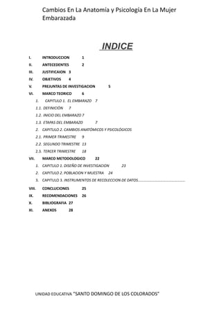 UNIDAD EDUCATIVA “SANTO DOMINGO DE LOS COLORADOS”
Cambios En La Anatomía y Psicología En La Mujer
Embarazada
INDICE
I. INTRODUCCION 1
II. ANTECEDENTES 2
III. JUSTIFICAION 3
IV. OBJETIVOS 4
V. PREJUNTAS DE INVESTIGACION 5
VI. MARCO TEORICO 6
1. CAPITULO 1. EL EMBARAZO 7
1.1. DEFINICIÒN 7
1.2. INICIO DEL EMBARAZO 7
1.3. ETAPAS DEL EMBARAZO 7
2. CAPITULO 2. CAMBIOS ANATÓMICOS Y PSICOLÓGICOS
2.1. PRIMER TRIMESTRE 9
2.2. SEGUNDO TRIMESTRE 13
2.3. TERCER TRIMESTRE 18
VII. MARCO METODOLOGICO 22
1. CAPITULO 1. DISEÑO DE INVESTIGACION 23
2. CAPITULO 2. POBLACION Y MUESTRA 24
3. CAPITULO 3. INSTRUMENTOS DE RECOLECCION DE DATOS…………………………………………..
VIII. CONCLUCIONES 25
IX. RECOMENDACIONES 26
X. BIBLIOGRAFIA 27
XI. ANEXOS 28
 