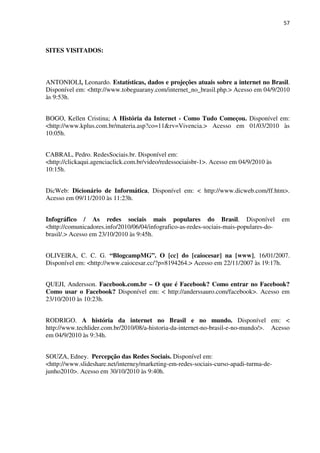 57



SITES VISITADOS:



ANTONIOLI, Leonardo. Estatísticas, dados e projeções atuais sobre a internet no Brasil.
Disponível em: <http://www.tobeguarany.com/internet_no_brasil.php.> Acesso em 04/9/2010
às 9:53h.


BOGO, Kellen Cristina; A História da Internet - Como Tudo Começou. Disponível em:
<http://www.kplus.com.br/materia.asp?co=11&rv=Vivencia.> Acesso em 01/03/2010 às
10:05h.


CABRAL, Pedro. RedesSociais.br. Disponível em:
<http://clickaqui.agenciaclick.com.br/video/redessociaisbr-1>. Acesso em 04/9/2010 às
10:15h.


DicWeb: Dicionário de Informática, Disponível em: < http://www.dicweb.com/ff.htm>.
Acesso em 09/11/2010 às 11:23h.


Infográfico / As redes sociais mais populares do Brasil. Disponível                     em
<http://comunicadores.info/2010/06/04/infografico-as-redes-sociais-mais-populares-do-
brasil/.> Acesso em 23/10/2010 às 9:45h.


OLIVEIRA, C. C. G. “BlogcampMG”. O [cc] do [caiocesar] na [www], 16/01/2007.
Disponível em: <http://www.caiocesar.cc/?p=8194264.> Acesso em 22/11/2007 às 19:17h.


QUEJI, Andersson. Facebook.com.br – O que é Facebook? Como entrar no Facebook?
Como usar o Facebook? Disponível em: < http://anderssauro.com/facebook>. Acesso em
23/10/2010 às 10:23h.


RODRIGO. A história da internet no Brasil e no mundo. Disponível em: <
http://www.techlider.com.br/2010/08/a-historia-da-internet-no-brasil-e-no-mundo/>. Acesso
em 04/9/2010 às 9:34h.


SOUZA, Edney. Percepção das Redes Sociais. Disponível em:
<http://www.slideshare.net/interney/marketing-em-redes-sociais-curso-apadi-turma-de-
junho2010>. Acesso em 30/10/2010 às 9:40h.
 