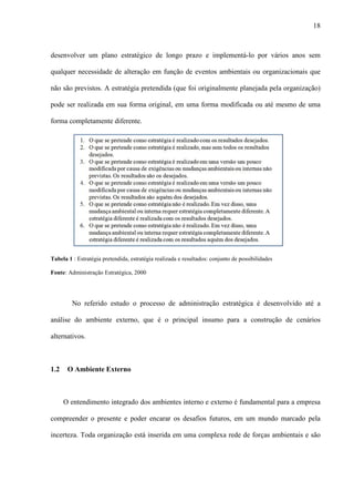 18



desenvolver um plano estratégico de longo prazo e implementá-lo por vários anos sem

qualquer necessidade de alteração em função de eventos ambientais ou organizacionais que

não são previstos. A estratégia pretendida (que foi originalmente planejada pela organização)

pode ser realizada em sua forma original, em uma forma modificada ou até mesmo de uma

forma completamente diferente.




Tabela 1 : Estratégia pretendida, estratégia realizada e resultados: conjunto de possibilidades

Fonte: Administração Estratégica, 2000




         No referido estudo o processo de administração estratégica é desenvolvido até a

análise do ambiente externo, que é o principal insumo para a construção de cenários

alternativos.



1.2    O Ambiente Externo



      O entendimento integrado dos ambientes interno e externo é fundamental para a empresa

compreender o presente e poder encarar os desafios futuros, em um mundo marcado pela

incerteza. Toda organização está inserida em uma complexa rede de forças ambientais e são
 