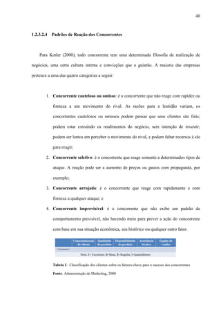 40



1.2.3.2.4   Padrões de Reação dos Concorrentes



    Para Kotler (2000), todo concorrente tem uma determinada filosofia de realização de

negócios, uma certa cultura interna e convicções que o guiarão. A maioria das empresas

pertence a uma das quatro categorias a seguir:



        1. Concorrente cauteloso ou omisso: é o concorrente que não reage com rapidez ou

            firmeza a um movimento do rival. As razões para a lentidão variam, os

            concorrentes cautelosos ou omissos podem pensar que seus clientes são fiéis;

            podem estar extraindo os rendimentos do negócio, sem intenção de investir;

            podem ser lentos em perceber o movimento do rival, e podem faltar recursos à ele

            para reagir;

        2. Concorrente seletivo: é o concorrente que reage somente a determinados tipos de

            ataque. A reação pode ser a aumento de preços ou gastos com propaganda, por

            exemplo;

        3. Concorrente arrojado: é o concorrente que reage com rapidamente e com

            firmeza a qualquer ataque; e

        4. Concorrente imprevisível: é o concorrente que não exibe um padrão de

            comportamento previsível, não havendo meio para prever a ação do concorrente

            com base em sua situação econômica, seu histórico ou qualquer outro fator.




            Tabela 2 : Classificação dos clientes sobre os fatores-chave para o sucesso dos concorrentes

            Fonte: Administração de Marketing, 2000
 