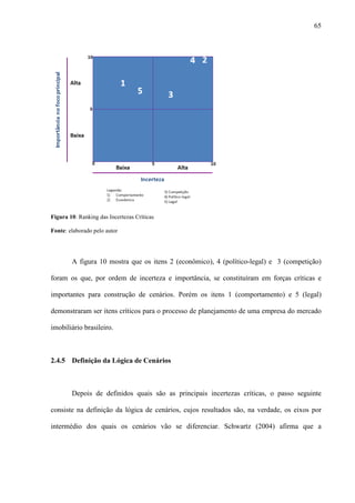 65




Figura 10: Ranking das Incertezas Críticas

Fonte: elaborado pelo autor




        A figura 10 mostra que os itens 2 (econômico), 4 (político-legal) e 3 (competição)

foram os que, por ordem de incerteza e importância, se constituíram em forças críticas e

importantes para construção de cenários. Porém os itens 1 (comportamento) e 5 (legal)

demonstraram ser itens críticos para o processo de planejamento de uma empresa do mercado

imobiliário brasileiro.



2.4.5 Definição da Lógica de Cenários



        Depois de definidos quais são as principais incertezas críticas, o passo seguinte

consiste na definição da lógica de cenários, cujos resultados são, na verdade, os eixos por

intermédio dos quais os cenários vão se diferenciar. Schwartz (2004) afirma que a
 