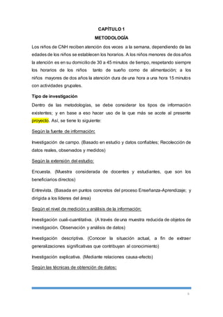 6 
CAPÍTULO 1 
METODOLOGÍA 
Los niños de CNH reciben atención dos veces a la semana, dependiendo de las 
edades de los niños se establecen los horarios. A los niños menores de dos años 
la atención es en su domicilio de 30 a 45 minutos de tiempo, respetando siempre 
los horarios de los niños tanto de sueño como de alimentación; a los 
niños mayores de dos años la atención dura de una hora a una hora 15 minutos 
con actividades grupales. 
Tipo de investigación 
Dentro de las metodologías, se debe considerar los tipos de información 
existentes; y en base a eso hacer uso de la que más se acote al presente 
proyecto. Así, se tiene lo siguiente: 
Según la fuente de información: 
Investigación de campo. (Basado en estudio y datos confiables; Recolección de 
datos reales, observados y medidos) 
Según la extensión del estudio: 
Encuesta. (Muestra considerada de docentes y estudiantes, que son los 
beneficiarios directos) 
Entrevista. (Basada en puntos concretos del proceso Enseñanza-Aprendizaje; y 
dirigida a los líderes del área) 
Según el nivel de medición y análisis de la información: 
Investigación cuali-cuantitativa. (A través de una muestra reducida de objetos de 
investigación. Observación y análisis de datos) 
Investigación descriptiva. (Conocer la situación actual, a fin de extraer 
generalizaciones significativas que contribuyan al conocimiento) 
Investigación explicativa. (Mediante relaciones causa-efecto) 
Según las técnicas de obtención de datos: 
 