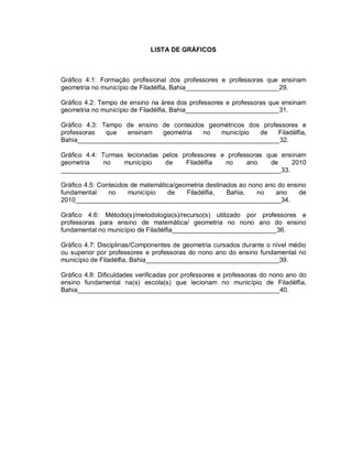 LISTA DE GRÁFICOS



Gráfico 4.1: Formação profissional dos professores e professoras que ensinam
geometria no município de Filadélfia, Bahia__________________________29.

Gráfico 4.2: Tempo de ensino na área dos professores e professoras que ensinam
geometria no município de Filadélfia, Bahia__________________________31.

Gráfico 4.3: Tempo de ensino de conteúdos geométricos dos professores e
professoras   que  ensinam   geometria   no  município   de    Filadélfia,
Bahia________________________________________________________32.

Gráfico 4.4: Turmas lecionadas pelos professores e professoras que ensinam
geometria     no   município    de    Filadélfia  no     ano    de    2010
_____________________________________________________________33.

Gráfico 4.5: Conteúdos de matemática/geometria destinados ao nono ano do ensino
fundamental     no    município   de    Filadélfia,   Bahia,   no    ano     de
2010_________________________________________________________34.

Gráfico 4.6: Método(s)/metodologia(s)/recurso(s) utilizado por professores e
professoras para ensino de matemática/ geometria no nono ano do ensino
fundamental no município de Filadélfia_____________________________36.

Gráfico 4.7: Disciplinas/Componentes de geometria cursados durante o nível médio
ou superior por professores e professoras do nono ano do ensino fundamental no
município de Filadélfia, Bahia_____________________________________39.

Gráfico 4.8: Dificuldades verificadas por professores e professoras do nono ano do
ensino fundamental na(s) escola(s) que lecionam no município de Filadélfia,
Bahia________________________________________________________40.
 