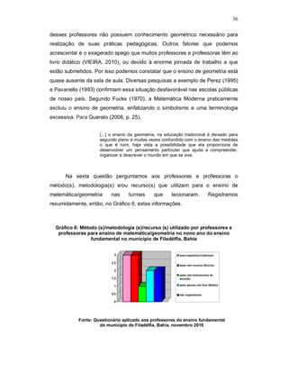 36

desses professores não possuem conhecimento geométrico necessário para
realização de suas práticas pedagógicas. Outros fatores que podemos
acrescentar é o exagerado apego que muitos professores e professoras têm ao
livro didático (VIEIRA, 2010), ou devido à enorme jornada de trabalho a que
estão submetidos. Por isso podemos constatar que o ensino de geometria está
quase ausente da sala de aula. Diversas pesquisas a exemplo de Perez (1995)
e Pavanello (1993) confirmam essa situação desfavorável nas escolas públicas
de nosso país. Segundo Fucks (1970), a Matemática Moderna praticamente
excluiu o ensino de geometria, enfatizando o simbolismo e uma terminologia
excessiva. Para Guerato (2008, p. 25),


                     [...] o ensino da geometria, na educação tradicional é deixado para
                     segundo plano e muitas vezes confundido com o ensino das medidas
                     o que é ruim, haja vista a possibilidade que ela proporciona de
                     desenvolver um pensamento particular que ajuda a compreender,
                     organizar e descrever o mundo em que se vive.



      Na sexta questão perguntamos aos professores e professoras o
método(s), metodologia(s) e/ou recurso(s) que utilizam para o ensino de
matemática/geometria      nas      turmas      que     lecionaram.                 Registramos
resumidamente, então, no Gráfico 6, estas informações.



  Gráfico 6: Método (s)/metodologia (s)/recurso (s) utilizado por professores e
   professoras para ensino de matemática/geometria no nono ano do ensino
                 fundamental no município de Filadélfia, Bahia


                            3                              aulas expositivas/tradicional

                          2,5
                                                           aulas com recursos diversos
                            2
                                                           aulas com instrumentos de
                          1,5                              desenho

                            1                              aulas apenas com livro didático


                          0,5                              não responderam

                            0




            Fonte: Questionário aplicado aos professores do ensino fundamental
                     do município de Filadélfia, Bahia, novembro 2010
 