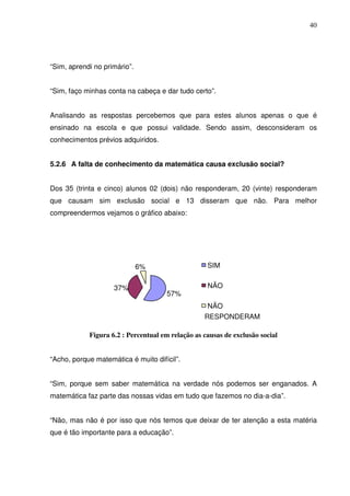 40




“Sim, aprendi no primário”.


“Sim, faço minhas conta na cabeça e dar tudo certo”.


Analisando as respostas percebemos que para estes alunos apenas o que é
ensinado na escola e que possui validade. Sendo assim, desconsideram os
conhecimentos prévios adquiridos.


5.2.6 A falta de conhecimento da matemática causa exclusão social?


Dos 35 (trinta e cinco) alunos 02 (dois) não responderam, 20 (vinte) responderam
que causam sim exclusão social e 13 disseram que não. Para melhor
compreendermos vejamos o gráfico abaixo:




                              6%                   SIM


                    37%                            NÃO
                                     57%
                                                   NÃO
                                                  RESPONDERAM

            Figura 6.2 : Percentual em relação as causas de exclusão social


“Acho, porque matemática é muito difícil”.


“Sim, porque sem saber matemática na verdade nós podemos ser enganados. A
matemática faz parte das nossas vidas em tudo que fazemos no dia-a-dia”.


“Não, mas não é por isso que nós temos que deixar de ter atenção a esta matéria
que é tão importante para a educação”.
 
