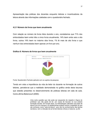 37




Apresentação das práticas dos docentes enquanto leitores e incentivadores da
leitura através das informações coletadas com o questionário fechado.




4.2.1 Número de livros que leem anualmente


Com relação ao número de livros lidos durante o ano, constatamos que 71% dos
entrevistados leem entre três e cinco livros anualmente, 14% leem entre seis e oito
livros, outros 14% leem no máximo dois livros, 1% lê mais de oito livros e que
nenhum dos entrevistados leem apenas um livro por ano.



Gráfico 6: Número de livros que leem anualmente




Fonte: Questionário Fechado aplicado com os sujeitos da pesquisa

Tendo em vista a importância da vida de leitor do docente na formação de outros
leitores, percebe-se que a realidade demonstrada no gráfico ainda deixa lacunas
que estarão presentes no desenvolvimento de práticas leitoras em sala de aula.
Como afirma Betencourt (2000):


                        Uma outra questão que não pode ser esquecida diz respeito à figura do
                        professor que não gosta de ler, por causa de lacunas na sua própria
                        formação escolar. Em função disso, as metodologias utilizadas nas aulas de
                        leitura com as crianças e os adolescentes acabam sendo a repetição do que
                        ele conheceu como “aula de leitura”, pois não há conhecimento das teorias
                        da leitura, nem a intenção de se formar leitores críticos e maduros. (p.25)
 