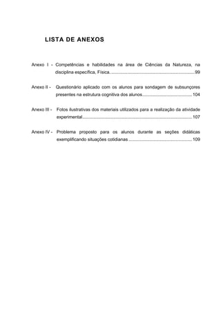 14




       LISTA DE ANEXOS



Anexo I - Competências e habilidades na área de Ciências da Natureza, na
              disciplina específica, Física. ...................................................................99


Anexo II -    Questionário aplicado com os alunos para sondagem de subsunçores
              presentes na estrutura cognitiva dos alunos........................................104


Anexo III -   Fotos ilustrativas dos materiais utilizados para a realização da atividade
              experimental........................................................................................107


Anexo IV - Problema proposto para os alunos durante as seções didáticas
              exemplificando situações cotidianas ...................................................109
 