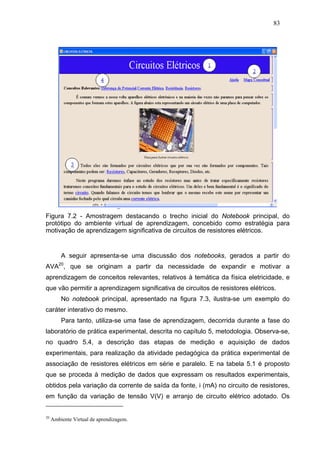 83




Figura 7.2 - Amostragem destacando o trecho inicial do Notebook principal, do
protótipo do ambiente virtual de aprendizagem, concebido como estratégia para
motivação de aprendizagem significativa de circuitos de resistores elétricos.


         A seguir apresenta-se uma discussão dos notebooks, gerados a partir do
AVA20, que se originam a partir da necessidade de expandir e motivar a
aprendizagem de conceitos relevantes, relativos à temática da física eletricidade, e
que vão permitir a aprendizagem significativa de circuitos de resistores elétricos.
         No notebook principal, apresentado na figura 7.3, ilustra-se um exemplo do
caráter interativo do mesmo.
         Para tanto, utiliza-se uma fase de aprendizagem, decorrida durante a fase do
laboratório de prática experimental, descrita no capítulo 5, metodologia. Observa-se,
no quadro 5.4, a descrição das etapas de medição e aquisição de dados
experimentais, para realização da atividade pedagógica da prática experimental de
associação de resistores elétricos em série e paralelo. E na tabela 5.1 é proposto
que se proceda à medição de dados que expressam os resultados experimentais,
obtidos pela variação da corrente de saída da fonte, i (mA) no circuito de resistores,
em função da variação de tensão V(V) e arranjo de circuito elétrico adotado. Os


20
     Ambiente Virtual de aprendizagem.
 