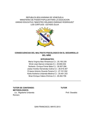 REPUBLICA BOLIVARIANA DE VENEZUELA
MINISTERIO DE PODER POPULAR PARA LA EDUCACION
UNIDAD EDUCATIVA “MAESTRO ORLANDO ENRIQUE RODRIGUEZ”
LOS CORTIJOS - ESTADO ZULIA
CONSECUENCIAS DEL MALTRATO PSICOLOGICO EN EL DESARROLLO
DEL NIÑO
INTEGRANTES:
María Virginia Alex Hinestroza C.I.: 25.195.339
Windi José Atencio Urdaneta C.I.: 25.800.554
Norberto Enrique Ferrer Mata C.I.: 26.957.286
Joskar Andrés Hernández Colina C.I.: 26.618.307
D’Jesús Antonio Ocando Fereira C.I.: 27.101.552
Karla Andreina Urdaneta Medina C.I.: 25.491.333
Brian Enrique Valera Chirinos C.I.: 26.462.706
___________________________________________________________________
TUTOR DE CONTENIDO: TUTOR
METODOLOGICO:
Lic. .Rigoberto Urdaneta Prof. Oswaldo
Romero
SAN FRANCISCO, MAYO 2013
 