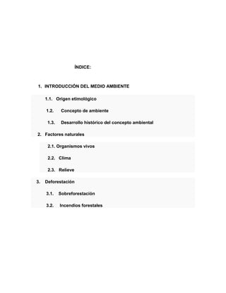 ÍNDICE:

1. INTRODUCCIÓN DEL MEDIO AMBIENTE
1.1. Origen etimológico
1.2.

Concepto de ambiente

1.3.

Desarrollo histórico del concepto ambiental

2. Factores naturales
2.1. Organismos vivos
2.2. Clima
2.3. Relieve
3.

Deforestación
3.1.

Sobreforestación

3.2.

Incendios forestales

 