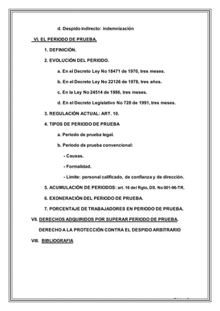 Página 4
d. Despido indirecto: indemnización
VI. EL PERIODO DE PRUEBA.
1. DEFINICIÓN.
2. EVOLUCIÓN DEL PERIODO.
a. En el Decreto Ley No 18471 de 1970, tres meses.
b. En el Decreto Ley No 22126 de 1978, tres años.
c. En la Ley No 24514 de 1986, tres meses.
d. En el Decreto Legislativo No 728 de 1991, tres meses.
3. REGULACIÓN ACTUAL: ART. 10.
4. TIPOS DE PERIODO DE PRUEBA
a. Periodo de prueba legal.
b. Periodo de prueba convencional:
- Causas.
- Formalidad.
- Límite: personal calificado, de confianza y de dirección.
5. ACUMULACIÓN DE PERIODOS: art. 16 del Rgto, DS. No 001-96-TR.
6. EXONERACIÓN DEL PERIODO DE PRUEBA.
7. PORCENTAJE DE TRABAJADORES EN PERIODO DE PRUEBA.
VII. DERECHOS ADQUIRIDOS POR SUPERAR PERIODO DE PRUEBA.
DERECHO A LA PROTECCIÓN CONTRA EL DESPIDO ARBITRARIO
VIII. BIBLIOGRAFIA
 