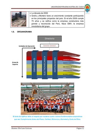 UNIVERSIDADPERUANA AUSTRALDEL CUSCO
Alumno: Elio Lazo Coricasa Página 12
 La década de 2000
 Graña y Montero tiene un crecimiento constante participando
en los principales proyectos del país. En el año 2008 cumple
75 años y se ratifica como la empresa constructora más
grande y reconocida del Perú. Nace GMV, la empresa
inmobiliaria del grupo.
1.8. ORGANIGRAMA
El éxito de GyM se debe al respeto por nuestros cuatro valores fundamentales corporativos
que son Cumplimiento Antes del Plazo, Calidad, Eficiencia y Seriedad y Carta de Ética.
 