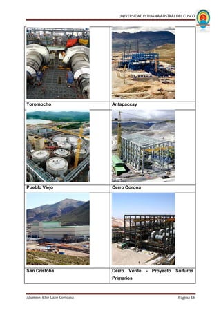 UNIVERSIDADPERUANA AUSTRALDEL CUSCO
Alumno: Elio Lazo Coricasa Página 16
Toromocho Antapaccay
Pueblo Viejo Cerro Corona
San Cristóba Cerro Verde - Proyecto Sulfuros
Primarios
 
