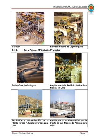 UNIVERSIDADPERUANA AUSTRALDEL CUSCO
Alumno: Elio Lazo Coricasa Página 17
Bayóvar Refinería de Zinc de Cajamarquilla
1.11.2. Gas y Petróleo / Principales Proyectos
Red de Gas de Contugas Ampliación de la Red Principal de Gas
Natural en Lima
Ampliación y modernización de la
Planta de Gas Natural de Pariñas para
GMP
Ampliación y modernización de la
Planta de Gas Natural de Pariñas para
GMP
 