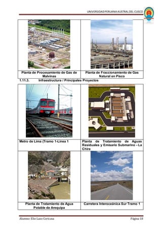 UNIVERSIDADPERUANA AUSTRALDEL CUSCO
Alumno: Elio Lazo Coricasa Página 18
Planta de Procesamiento de Gas de
Malvinas
Planta de Fraccionamiento de Gas
Natural en Pisco
1.11.3. Infraestructura / Principales Proyectos
Metro de Lima (Tramo 1-Línea 1 Planta de Tratamiento de Aguas
Residuales y Emisario Submarino - La
Chira
Planta de Tratamiento de Agua
Potable de Arequipa
Carretera Interoceánica Sur Tramo 1
 