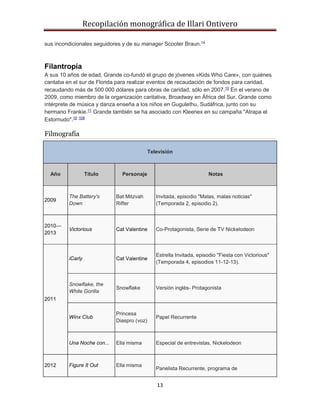 Recopilación monográfica de Illari Ontivero 
sus incondicionales seguidores y de su manager Scooter Braun.14 
Filantropía 
A sus 10 años de edad, Grande co-fundó el grupo de jóvenes «Kids Who Care», con quiénes 
cantaba en el sur de Florida para realizar eventos de recaudación de fondos para caridad, 
recaudando más de 500 000 dólares para obras de caridad, sólo en 2007.10 En el verano de 
2009, como miembro de la organización caritativa, Broadway en África del Sur, Grande como 
intérprete de música y danza enseña a los niños en Gugulethu, Sudáfrica, junto con su 
hermano Frankie.11 Grande también se ha asociado con Kleenex en su campaña "Atrapa el 
Estornudo".10 109 
13 
Filmografía 
Televisión 
Año Título Personaje Notas 
2009 
The Battery's 
Down 
Bat Mitzvah 
Riffer 
Invitada, episodio "Malas, malas noticias" 
(Temporada 2, episodio 2). 
2010— 
2013 
Victorious Cat Valentine Co-Protagonista, Serie de TV Nickelodeon 
2011 
iCarly Cat Valentine 
Estrella Invitada, episodio "Fiesta con Victorious" 
(Temporada 4, episodios 11-12-13). 
Snowflake, the 
White Gorilla 
Snowflake Versión inglés- Protagonista 
Winx Club 
Princesa 
Diaspro (voz) 
Papel Recurrente 
Una Noche con... Ella misma Especial de entrevistas, Nickelodeon 
2012 Figure It Out Ella misma 
Panelista Recurrente, programa de 
 
