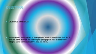 OBJETIVOS
 OBJETIVOS GENERALES
 Potencializar y fortalecer la inteligencia musical en niños de los 3 a 6
años de edad atreves de estrategias pedagógicas para el desarrollo
integral tanto como educativo para los niños.
 