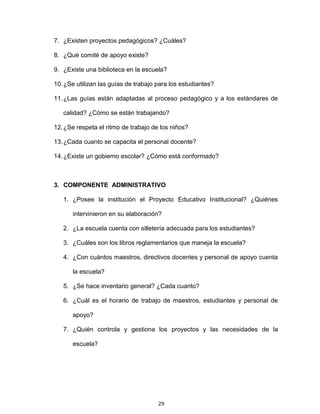 29
7. ¿Existen proyectos pedagógicos? ¿Cuáles?
8. ¿Qué comité de apoyo existe?
9. ¿Existe una biblioteca en la escuela?
10.¿Se utilizan las guías de trabajo para los estudiantes?
11.¿Las guías están adaptadas al proceso pedagógico y a los estándares de
calidad? ¿Cómo se están trabajando?
12.¿Se respeta el ritmo de trabajo de los niños?
13.¿Cada cuanto se capacita el personal docente?
14.¿Existe un gobierno escolar? ¿Cómo está conformado?
3. COMPONENTE ADMINISTRATIVO
1. ¿Posee la institución el Proyecto Educativo Institucional? ¿Quiénes
intervinieron en su elaboración?
2. ¿La escuela cuenta con silletería adecuada para los estudiantes?
3. ¿Cuáles son los libros reglamentarios que maneja la escuela?
4. ¿Con cuántos maestros, directivos docentes y personal de apoyo cuenta
la escuela?
5. ¿Se hace inventario general? ¿Cada cuanto?
6. ¿Cuál es el horario de trabajo de maestros, estudiantes y personal de
apoyo?
7. ¿Quién controla y gestiona los proyectos y las necesidades de la
escuela?
 