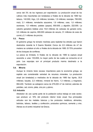 Grecia
20
cerca del 3% de los ingresos por exportación. La producción anual de los
cultivos más importantes (en toneladas) a finales de la década de 1980 fue:
tabaco, 142.000; trigo, 2,6 millones; tomates, 1,9 millones; naranjas, 780.000;
maíz, 2,1 millones; remolacha azucarera, 1,9 millones; uvas, 1,6 millones;
aceitunas, 1,5 millones; patatas (papas), 850.000, y algodón, 222.000. La
cabaña ganadera totaliza unos 10,8 millones de cabezas de ganado ovino,
3,5 millones de caprino, 800.000 cabezas de vacuno, 31 millones de aves de
corral y 2,1 millones de porcino.
5.3. Pesca
El gobierno griego ha tomado medidas para replantar los árboles que fueron
destruidos durante la II Guerra Mundial. Cerca de 2,9 millones de m³ de
madera se cortaban al año a finales de la década de 1980. El 75% procedían
de los bosques de coníferas.
La pesca es limitada. A finales de la década de 1980 la captura anual
ascendía a unas 135.000t, la mayor parte de las cuales se consumía en el
país. Las esponjas son el principal producto marino destinado a la
exportación.
5.4. Minería
Aunque la minería tiene escasa importancia para la economía griega, se
explota una considerable variedad de recursos minerales. La producción
anual (en toneladas) a mediados de la década de 1980 fue: lignito, 35,9
millones; bauxita, 2,3 millones; mineral de hierro, 1,3 millones, y magnesio,
884.400. También se extrajeron cerca de 279.200 m³ de mármol, además de
petróleo, sal, cromo, plata, zinc,oro y plomo.
5.5. Industria
Alrededor de una quinta parte de la población activa trabaja en este sector,
que produce un 18% del producto interior bruto anual. Sus principales
artículos son los metales básicos y los productos metálicos, alimentos,
bebidas, tabaco, textiles y confección, productos químicos, cemento y vino.
Atenas es el centro industrial de Grecia.
 