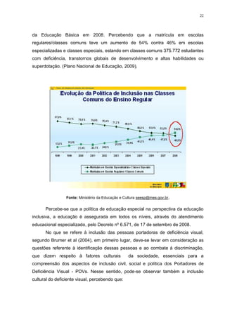 22




da Educação Básica em 2008. Percebendo que a matrícula em escolas
regulares/classes comuns teve um aumento de 54% contra 46% em escolas
especializadas e classes especiais, estando em classes comuns 375.772 estudantes
com deficiência, transtornos globais de desenvolvimento e altas habilidades ou
superdotação. (Plano Nacional de Educação, 2009).




                 Fonte: Ministério da Educação e Cultura seesp@mes.gov.br.


      Percebe-se que a política de educação especial na perspectiva da educação
inclusiva, a educação é assegurada em todos os níveis, através do atendimento
educacional especializado, pelo Decreto nº 6.571, de 17 de setembro de 2008.
      No que se refere à inclusão das pessoas portadoras de deficiência visual,
segundo Brumer et al (2004), em primeiro lugar, deve-se levar em consideração as
questões referente à identificação dessas pessoas e ao combate à discriminação,
que dizem respeito à fatores culturais             da sociedade, essenciais para a
compreensão dos aspectos de inclusão civil, social e política dos Portadores de
Deficiência Visual - PDVs. Nesse sentido, pode-se observar também a inclusão
cultural do deficiente visual, percebendo que:
 