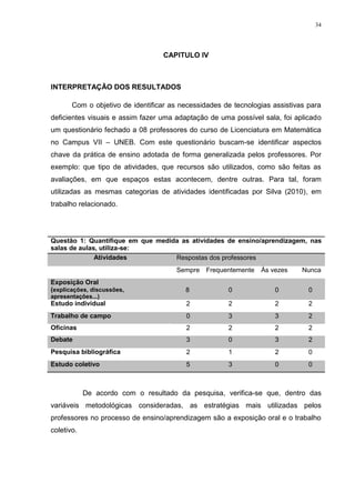 34




                                  CAPITULO IV



INTERPRETAÇÃO DOS RESULTADOS

       Com o objetivo de identificar as necessidades de tecnologias assistivas para
deficientes visuais e assim fazer uma adaptação de uma possível sala, foi aplicado
um questionário fechado a 08 professores do curso de Licenciatura em Matemática
no Campus VII – UNEB. Com este questionário buscam-se identificar aspectos
chave da prática de ensino adotada de forma generalizada pelos professores. Por
exemplo: que tipo de atividades, que recursos são utilizados, como são feitas as
avaliações, em que espaços estas acontecem, dentre outras. Para tal, foram
utilizadas as mesmas categorias de atividades identificadas por Silva (2010), em
trabalho relacionado.




Questão 1: Quantifique em que medida as atividades de ensino/aprendizagem, nas
salas de aulas, utiliza-se:
              Atividades           Respostas dos professores
                                      Sempre Frequentemente     Às vezes     Nunca
Exposição Oral
(explicações, discussões,                8            0             0          0
apresentações...)
Estudo individual                        2            2             2          2
Trabalho de campo                        0            3             3          2
Oficinas                                 2            2             2          2
Debate                                   3            0             3          2
Pesquisa bibliográfica                   2            1             2          0
Estudo coletivo                          5            3             0          0



            De acordo com o resultado da pesquisa, verifica-se que, dentro das
variáveis metodológicas consideradas, as estratégias mais utilizadas pelos
professores no processo de ensino/aprendizagem são a exposição oral e o trabalho
coletivo.
 