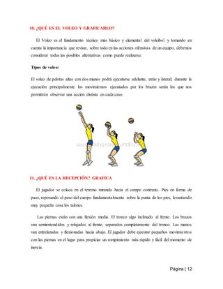 Página | 12
10. ¿QUÉ ES EL VOLEO Y GRAFICARLO?
El Voleo es el fundamento técnico más básico y elemental del voleibol y tomando en
cuenta la importancia que reviste, sobre todo en las acciones ofensivas de un equipo, debemos
considerar todas las posibles alternativas como puede realizarse.
Tipos de voleo:
El voleo de pelotas altas con dos manos podrá ejecutarse adelante, atrás y lateral; durante la
ejecución principalmente los movimientos ejecutados por los brazos serán los que nos
permitirán observar una acción distinta en cada caso.
11. ¿QUÉ ES LA RECEPCIÓN? GRAFICA
El jugador se coloca en el terreno mirando hacia el campo contrario. Pies en forma de
paso, reposando el peso del cuerpo fundamentalmente sobre la punta de los pies, levantando
muy pequeña cosa los talones.
Las piernas están con una flexión media. El tronco algo inclinado al frente. Los brazos
van semiextendidos y relajados al frente, separados completamente del tronco. Las manos
van entrelazadas y flexionadas hacia abajo. El jugador debe ejecutar pequeños movimientos
con las piernas en el lugar para propiciar un rompimiento más rápido y fácil del momento de
inercia.
 
