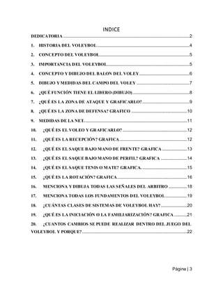 Página | 3
INDICE
DEDICATORIA ...................................................................................................................2
1. HISTORIA DEL VOLEYBOL ....................................................................................4
2. CONCEPTO DEL VOLEYBOL..................................................................................5
3. IMPORTANCIA DEL VOLEYBOL...........................................................................5
4. CONCEPTO Y DIBUJO DEL BALON DEL VOLEY..............................................6
5. DIBUJO Y MEDIDAS DEL CAMPO DEL VOLEY ................................................7
6. ¿QUÉ FUNCIÓN TIENE EL LIBERO (DIBUJO)....................................................8
7. ¿QUÉ ES LA ZONA DE ATAQUE Y GRAFICARLO?...........................................9
8. ¿QUÉ ES LA ZONA DE DEFENSA? GRAFICO ...................................................10
9. MEDIDAS DE LA NET..............................................................................................11
10. ¿QUÉ ES EL VOLEO Y GRAFICARLO? ...........................................................12
11. ¿QUÉ ES LA RECEPCIÓN? GRAFICA..............................................................12
12. ¿QUÉ ES EL SAQUE BAJO MANO DE FRENTE? GRAFICA.......................13
13. ¿QUÉ ES EL SAQUE BAJO MANO DE PERFIL? GRAFICA ........................14
14. ¿QUÉ ES EL SAQUE TENIS O MATE? GRAFICA. .........................................15
15. ¿QUÉ ES LA ROTACIÓN? GRAFICA................................................................16
16. MENCIONA Y DIBUJA TODAS LAS SEÑALES DEL ARBITRO .................18
17. MENCIONA TODAS LOS FUNDAMENTOS DEL VOLEYBOL....................19
18. ¿CUÁNTAS CLASES DE SISTEMAS DE VOLEYBOL HAY?........................20
19. ¿QUÉ ES LA INICIACIÓN O LA FAMILIARIZACIÓN? GRAFICA............21
20. ¿CUANTOS CAMBIOS SE PUEDE REALIZAR DENTRO DEL JUEGO DEL
VOLEYBOL Y PORQUE?................................................................................................22
 