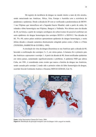 22 
Há registro da incidência de dengue no mundo inteiro a mais de três séculos, 
sendo mencionada nas Américas, África, Ásia, Europa e Austrália com a ocorrência de 
pandemias e epidemias. Desde a década de 20 vem se verificando a predominância do DENV- 
1 nas Filipinas que intensificou até a Segunda Guerra Mundial, onde a partir de então, foi 
relatada a febre hemorrágica nas Filipinas, Bangcoc e Tailândia. Nos últimos anos da década 
de 20, na Grécia, a partir de vestígios sorológicos de sobreviventes foi possível confirmar um 
surto epidêmico de dengue hemorrágica dos sorotipos DENV-1 e DENV-2. Nas décadas de 
60, 70 e 80, outros países asiáticos apresentaram epidemias de dengue hemorrágica, e nesta 
última década a situação aumentou drasticamente atingindo países como a Índia e a China 
(TEIXEIRA, BARRETO & GUERRA, 1999). 
A circulação do vírus da dengue disseminou-se nas Américas após a década de 60, 
havendo a confirmação dos sorotipos 2 e 3, em vários países. A Jamaica foi o primeiro país 
das Américas a apresentar o sorotipo 1. A partir da década de 80, foram notificadas epidemias 
em vários países, aumentando significativamente o problema. A epidemia FHD que afetou 
Cuba, em 1981, é considerada como evento que marca a história da dengue nas Américas, 
sendo causada pelo sorotipo 2, tendo sido o primeiro relato de febre hemorrágica da dengue, 
ocorrido fora do Continente Asiático e Oceania (MINAS GERAIS, Cad. 9). 
Fonte: Julita Nascimento Câmara De Castro, 2004. 
Figura 6: Distribuição do principal mosquito vetor do dengue Aedes aegypti no mundo. 
 