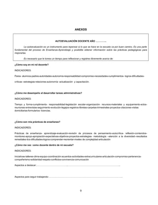 ANEXOS

AUTOEVALUACIÓN DOCENTE AÑO …………..
La autoevaluación es un instrumento para repensar si lo que se hace en la escuela va por buen camino. Es una parte
fundamental del proceso de Enseñanza-Aprendizaje y posibilita obtener información sobre las prácticas pedagógicas para
mejorarlas.
Es necesario que te tomes un tiempo para reflexionar y registres libremente acerca de:
¿Cómo soy en mi rol docente?
INDICADORES:
Pares- alumnos-padres-autoridades-autonomía-responsabilidad-compromiso-necesidades-cumplimientos- logros-dificultadescríticas- estrategias-relaciones-autonomía- actualización y capacitación.

¿Cómo me desempeño al desarrollar tareas administrativas?
INDICADORES:
Tiempo y forma-cumplimiento- responsabilidad-legislación escolar-organización- recursos-materiales y equipamiento-actosreuniones-entrevistas-seguimiento-evolución-legajos-registros-libretas-carpetas-trimestrales-proyectos-citaciones-visitas
domiciliarias-formularios- licencias.

¿Cómo son mis prácticas de enseñanza?
INDICADORES:
Prácticas de enseñanza- aprendizaje-evaluación-revisión de procesos de pensamiento-autocrítica- reflexión-contenidosmonitoreo-apoyo-apropiación-expectativas-objetivos-proyectos-estrategias- metodología –atención a la diversidad--resultados
remediales-tics-dificultades-logros-comprender-reorientar-niveles de complejidad-articulación
¿Cómo me veo como docente dentro de mi escuela?
INDICADORES:
Iniciativas-talleres-clima-equipo-coordinación-acuerdos-actividades-extracurriculares-articulación-compromiso-pertenenciacompañerismo-solidaridad-respeto-conflictos-convivencia-comunicación
Aspectos a destacar:…………………………………..…………………………………………………………..

Aspectos para seguir trabajando:…………………………………………………………………………………..

9

 