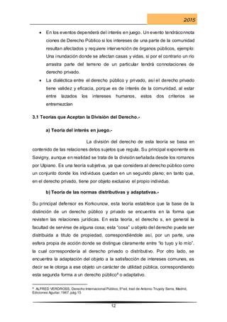 2015
12
 En los eventos dependerá del interés en juego. Un evento tendráconnota
ciones de Derecho Público si los intereses de una parte de la comunidad
resultan afectados y requiere intervención de órganos públicos, ejemplo:
Una inundación donde se afectan casas y vidas, si por el contrario un río
arrastra parte del terreno de un particular tendrá connotaciones de
derecho privado.
 La dialéctica entre el derecho público y privado, así el derecho privado
tiene validez y eficacia, porque es de interés de la comunidad, al estar
entre lazados los intereses humanos, estos dos criterios se
entremezclan
3.1 Teorías que Aceptan la División del Derecho.-
a) Teoría del interés en juego.-
La división del derecho de esta teoría se basa en
contenido de las relaciones delos sujetos que regula. Su principal exponente es
Savigny, aunque en realidad se trata de la división señalada desde los romanos
por Ulpiano. Es una teoría subjetiva, ya que considera al derecho público como
un conjunto donde los individuos quedan en un segundo plano; en tanto que,
en el derecho privado, tiene por objeto exclusivo el propio individuo.
b) Teoría de las normas distributivas y adaptativas.-
Su principal defensor es Korkounow, esta teoría establece que la base de la
distinción de un derecho público y privado se encuentra en la forma que
revisten las relaciones jurídicas. En esta teoría, el derecho s, en general la
facultad de servirse de alguna cosa; esta “cosa” u objeto del derecho puede ser
distribuida a título de propiedad, correspondiéndole así, por un parte, una
esfera propia de acción donde se distingue claramente entre “lo tuyo y lo mío”.
la cual correspondería al derecho privado o distributivo. Por otro lado, se
encuentra la adaptación del objeto a la satisfacción de intereses comunes, es
decir se le otorga a ese objeto un carácter de utilidad pública, correspondiendo
esta segunda forma a un derecho público4 o adaptativo.
4 ALFRED VERDROSS, Derecho Internacional Público,5ºed, trad de Antonio Truyoly Serra, Madrid,
Ediciones Aguilar,1967,pág.15
 