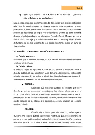 2015
13
c) Teoría que atiende a la naturaleza de las relaciones jurídicas
entre el Estado y los particulares.-
Esta teoría postula que las normas son de derecho privado cuando establecen
relaciones de coordinación en un plano de igualdad entre los sujetos, ya sean
particulares o entre particulares y el Estado. Por el contrario, son de derecho
público las relaciones de supra y subordinación. Dentro de esta directriz,
destaca el trabajo realizado por el maestro Eduardo García Máynez, aunque al
final él mismo concluye que la distinción entre derecho público y privado carece
de fundamento teórico, y realmente solo posee importancia desde un punto de
vista práctico.
3.2 TEORÍA QUE NIEGAN LA DIVISIÓN DEL DERECHO.-
a) Teoría Alemana.-
Establece que el derecho es único, el cual abarca indistintamente relaciones
estatales e individuales
b) Teoría Inglesa
El derecho ingles ha ignorado durante mucho tiempo la distinción entre el
derecho público, al cual se refieren como derecho administrativo, y el derecho
privado; este derecho se resiste a admitir la existencia de normas de derecho
administrativo distintas a las de derecho común o privado.
 DUGUIT.-
Establece que los actos jurídicos de derecho público y
derecho privado se encuentran formados por los mismos elementos y en el
fondo por el mismo carácter; sin embargo, la sanción en cada uno de ello, no
puede existir en las mismas condiciones, por tanto, la única diferencia de la que
puede hablarse es la relativa a la concreción de una situación de derecho
público o privado.
 KELSEN.-
Creador de la teoría pura del derecho, señala que la
división entre derecho público y privado es relativa, ya que, desde el momento
en que la norma jurídica protege un interés individual, esa protección constituye
un interés público; por lo tanto, solo se pueden señalar métodos diferentes de
 