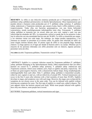 Título: Sifilis
Autor/es: Paulo Rogério Almeida Rocha
Asignatura: Microbiologia II
Carrera: Medicina
Página 2 de 25
RESUME...