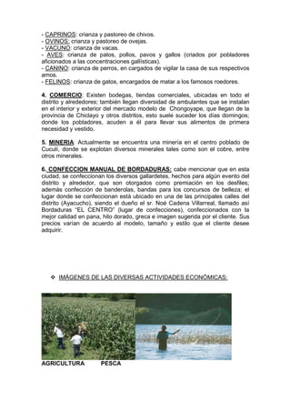 - CAPRINOS: crianza y pastoreo de chivos.
- OVINOS: crianza y pastoreo de ovejas.
- VACUNO: crianza de vacas.
- AVES: crianza de patos, pollos, pavos y gallos (criados por pobladores
aficionados a las concentraciones gallísticas).
- CANINO: crianza de perros, en cargados de vigilar la casa de sus respectivos
amos.
- FELINOS: crianza de gatos, encargados de matar a los famosos roedores.
4. COMERCIO: Existen bodegas, tiendas comerciales, ubicadas en todo el
distrito y alrededores; también llegan diversidad de ambulantes que se instalan
en el interior y exterior del mercado modelo de Chongoyape, que llegan de la
provincia de Chiclayo y otros distritos, esto suele suceder los días domingos;
donde los pobladores, acuden a él para llevar sus alimentos de primera
necesidad y vestido.
5. MINERIA: Actualmente se encuentra una minería en el centro poblado de
Cuculí, donde se explotan diversos minerales tales como son el cobre, entre
otros minerales.
6. CONFECCION MANUAL DE BORDADURAS: cabe mencionar que en esta
ciudad, se confeccionan los diversos gallardetes, hechos para algún evento del
distrito y alrededor, que son otorgados como premiación en los desfiles;
además confección de banderolas, bandas para los concursos de belleza; el
lugar donde se confeccionan está ubicado en una de las principales calles del
distrito (Ayacucho), siendo el dueño el sr. Noé Cadena Villarreal, llamado así
Bordaduras “EL CENTRO” (lugar de confecciones), confeccionados con la
mejor calidad en pana, hilo dorado, greca e imagen sugerida por el cliente. Sus
precios varían de acuerdo al modelo, tamaño y estilo que el cliente desee
adquirir.
 IMÁGENES DE LAS DIVERSAS ACTIVIDADES ECONÓMICAS:
AGRICULTURA PESCA
 
