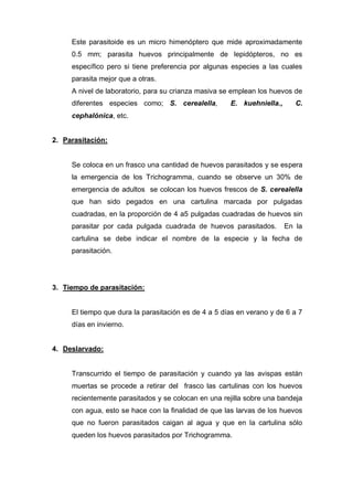 Este parasitoide es un micro himenóptero que mide aproximadamente
0.5 mm; parasita huevos principalmente de lepidópteros, no es
específico pero si tiene preferencia por algunas especies a las cuales
parasita mejor que a otras.
A nivel de laboratorio, para su crianza masiva se emplean los huevos de
diferentes especies como; S. cerealella, E. kuehniella., C.
cephalónica, etc.
2. Parasitación:
Se coloca en un frasco una cantidad de huevos parasitados y se espera
la emergencia de los Trichogramma, cuando se observe un 30% de
emergencia de adultos se colocan los huevos frescos de S. cerealella
que han sido pegados en una cartulina marcada por pulgadas
cuadradas, en la proporción de 4 a5 pulgadas cuadradas de huevos sin
parasitar por cada pulgada cuadrada de huevos parasitados. En la
cartulina se debe indicar el nombre de la especie y la fecha de
parasitación.
3. Tiempo de parasitación:
El tiempo que dura la parasitación es de 4 a 5 días en verano y de 6 a 7
días en invierno.
4. Deslarvado:
Transcurrido el tiempo de parasitación y cuando ya las avispas están
muertas se procede a retirar del frasco las cartulinas con los huevos
recientemente parasitados y se colocan en una rejilla sobre una bandeja
con agua, esto se hace con la finalidad de que las larvas de los huevos
que no fueron parasitados caigan al agua y que en la cartulina sólo
queden los huevos parasitados por Trichogramma.
 