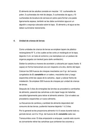 El alimento de los adultos consiste en mezclar 1/2 cucharadita de
polen, 5 cucharadas de miel de abejas, 5 cucharadas de agua y 10
cucharadas de levadura de cerveza en polvo para formar una pasta
ligeramente espesa, también se les debe suministrar agua en un
algodón o esponja colocada sobre la tapa. El alimento y el agua se les
deben suministrar diariamente.
4. Unidad de crianza de larvas:
Como unidades de crianza de larvas se emplean tapers de plástico
rectangulares N° 5, a los cuales se les corta un rectángulo en la tapa,
dejando 3 cm. en todo el contorno y se reemplaza con un pedazo de
organza pegada con terokal (para darle ventilación).
Doblar la cartulina a manera de acordeón y colocarla por capas (hasta 6
capas) en forma transversal una con respecto a la otra, dentro del taper.
Colocar los 500 huevos de crisopas mezclados con 5 gr. de huevos
congelados de S. cerealella en un salero, mezclarlos bien y luego
esparcirlos entre las capas de la cartulina., tapar y colocar fecha de
instalación. Se emplean 500 huevos de crisopas por unidad de crianza
de larvas.
Después de 3 días de emergidas las larvitas se procederá a cambiarles
de alimento, pasando las cartulinas a otro taper luego de haberlas
sacudido ligeramente para retirar el alimento anterior. Con el salero se
procederá a esparcirles un nuevo alimento.
La frecuencia de cambios y cantidad de alimento dependerá del
consumo de las larvas, pudiendo hacerse dejando 1 ó 2 días.
Por lo general se les proporciona alimento 4 ó 5 veces durante todo su
período larval, con 8 a 10 gr. de huevos de S. cerealella cada vez.
Transcurridos unos 15 días empezarán a empupar, cuando esto ocurre
es conveniente retirar las cartulinas que contienen los cocones y
 