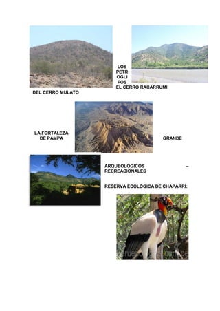 LOS
PETR
OGLI
FOS
EL CERRO RACARRUMI
DEL CERRO MULATO
LA FORTALEZA
DE PAMPA GRANDE
ARQUEOLOGICOS –
RECREACIONALES
RESERVA ECOLÓGICA DE CHAPARRÍ:
 