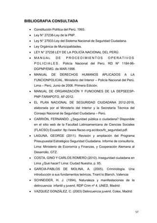 57
BIBLIOGRAFIA CONSULTADA
 Constitución Política del Perú. 1993.
 Ley N° 27238-Ley de la PNP.
 Ley N° 27933-Ley del Sistema Nacional de Seguridad Ciudadana.
 Ley Orgánica de Municipalidades.
 LEY N° 27238 LEY DE LA POLICÍA NACIONAL DEL PERÚ.
 M A N U A L D E P R O C E D I M I E N T O S O P E R A T I V O S
P O L I C I A L E S . Policía Nacional del Perú. RD Nº 1184-96-
DGPNP/EMG. de MAR-1996.
 MANUAL DE DERECHOS HUMANOS APLICADOS A LA
FUNCIONPOLICIAL. Ministerio del Interior – Policía Nacional del Perú.
Lima – Perú, Junio de 2006. Primera Edición.
 MANUAL DE ORGANIZACIÓN Y FUNCIONES DE LA DEPSEESP-
PNP-TARAPOTO, AF-2012.
 EL PLAN NACIONAL DE SEGURIDAD CIUDADANA 2012-2018,
elaborada por el Ministerio del Interior y la Secretaría Técnica del
Consejo Nacional de Seguridad Ciudadana – Perú.
 CARRIÓN, FERNANDO. ¿Seguridad pública o ciudadana? Disponible
en el sitio web de la Facultad Latinoamericana de Ciencias Sociales
(FLACSO) Ecuador: ttp://www.flacso.org.ec/docs/fc_seguridad.pdf.
 LAGUNA, GEORGE (2011). Revisión y ampliación del Programa
Presupuestal Estratégico Seguridad Ciudadana. Informe de consultoría.
Lima: Ministerio de Economía y Finanzas, y Cooperación Alemana al
Desarrollo, GTZ.
 COSTA, GINO Y CARLOS ROMERO (2010). Inseguridad ciudadana en
Lima ¿Qué hacer? Lima: Ciudad Nuestra, p. 85.
 GARCIA-PABLOS DE MOLINA, A. (2005), Criminología. Una
introducción a sus fundamentos teóricos, Tirant lo Blanch, Valencia
 SCHNEIDER, H. J. (1994), Naturaleza y manifestaciones de la
delincuencia infantil y juvenil, RDP Crim nº 4, UNED, Madrid
 VAZQUEZ GONZÁLEZ, C. (2003) Delincuencia juvenil, Colex, Madrid
 