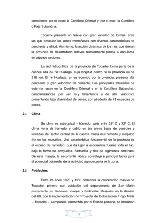 18
comprende por el oeste la Cordillera Oriental y, por el este, la Cordillera
o Faja Subandina.
Tocache presenta un relieve con gran variedad de formas, entre
las que destacan las zonas montañosas con diversas características de
pendiente y altitud. Asimismo, la acción dinámica de los ríos que drenan
la provincia ha desarrollado relieves relativamente planos a ondulados
en algunos sectores.
La red hidrográfica de la provincia de Tocache forma parte de la
cuenca alta del río Huallaga, cuya longitud dentro de la provincia es de
218 km. El río Huallaga, en su recorrido por la provincia, presenta alta
pendiente y gran velocidad de corriente. Los principales tributarios de
este río nacen en la Cordillera Oriental y en la Cordillera Subandina,
caracterizándose por ser muy torrentosos y de alta velocidad,
presentando baja diversidad de peces, con alrededor de 71 especies de
peces.
2.4. Clima
Su clima es subtropical – húmedo, varía entre 28º C y 32º C. El
clima varía de húmedo y cálido en las áreas bajas de planicies y
lomadas del sector central de la cuenca, hasta muy húmedo y templado
frío en las montañas. Una característica fundamental de la provincia es
el exceso de humedad, que da lugar a escorrentía durante todo el año,
bajo la forma de arroyuelos, riachuelos y ríos de regímenes continuos.
De esta manera, la escorrentía hídrica constituye el principal factor para
el potencial desarrollo de la actividad agropecuaria de la zona.
2.5. Población:
Entre los años 1920 y 1930 comienza la colonización masiva de
Tocache, primero con población del departamento de San Martín
proveniente de Saposoa, Juanjui, y Bellavista. Después, en la década
del 60, con la implementación del Proyecto de Colonización Tingo María
– Tocache – Campanilla, promovida por el Estado peruano, se instalaron
 