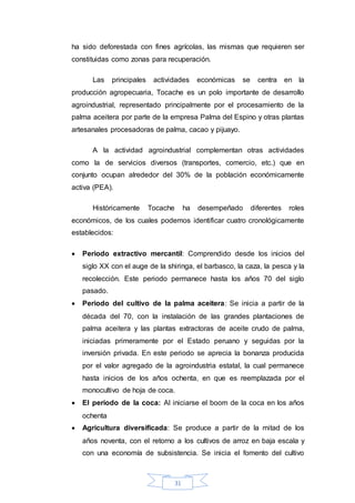 31
ha sido deforestada con fines agrícolas, las mismas que requieren ser
constituidas como zonas para recuperación.
Las principales actividades económicas se centra en la
producción agropecuaria, Tocache es un polo importante de desarrollo
agroindustrial, representado principalmente por el procesamiento de la
palma aceitera por parte de la empresa Palma del Espino y otras plantas
artesanales procesadoras de palma, cacao y pijuayo.
A la actividad agroindustrial complementan otras actividades
como la de servicios diversos (transportes, comercio, etc.) que en
conjunto ocupan alrededor del 30% de la población económicamente
activa (PEA).
Históricamente Tocache ha desempeñado diferentes roles
económicos, de los cuales podemos identificar cuatro cronológicamente
establecidos:
 Periodo extractivo mercantil: Comprendido desde los inicios del
siglo XX con el auge de la shiringa, el barbasco, la caza, la pesca y la
recolección. Este periodo permanece hasta los años 70 del siglo
pasado.
 Periodo del cultivo de la palma aceitera: Se inicia a partir de la
década del 70, con la instalación de las grandes plantaciones de
palma aceitera y las plantas extractoras de aceite crudo de palma,
iniciadas primeramente por el Estado peruano y seguidas por la
inversión privada. En este periodo se aprecia la bonanza producida
por el valor agregado de la agroindustria estatal, la cual permanece
hasta inicios de los años ochenta, en que es reemplazada por el
monocultivo de hoja de coca.
 El periodo de la coca: Al iniciarse el boom de la coca en los años
ochenta
 Agricultura diversificada: Se produce a partir de la mitad de los
años noventa, con el retorno a los cultivos de arroz en baja escala y
con una economía de subsistencia. Se inicia el fomento del cultivo
 