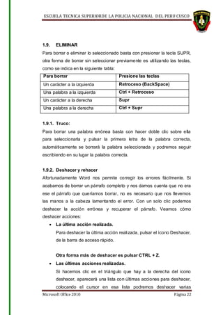 ESCUELA TECNICA SUPERIORDE LA POLICIA NACIONAL DEL PERU CUSCO
Microsoft Office 2010 Página 22
1.9. ELIMINAR
Para borrar o eliminar lo seleccionado basta con presionar la tecla SUPR,
otra forma de borrar sin seleccionar previamente es utilizando las teclas,
como se indica en la siguiente tabla:
Para borrar Presione las teclas
Un carácter a la izquierda Retroceso (BackSpace)
Una palabra a la izquierda Ctrl + Retroceso
Un carácter a la derecha Supr
Una palabra a la derecha Ctrl + Supr
1.9.1. Truco:
Para borrar una palabra errónea basta con hacer doble clic sobre ella
para seleccionarla y pulsar la primera letra de la palabra correcta,
automáticamente se borrará la palabra seleccionada y podremos seguir
escribiendo en su lugar la palabra correcta.
1.9.2. Deshacer y rehacer
Afortunadamente Word nos permite corregir los errores fácilmente. Si
acabamos de borrar un párrafo completo y nos damos cuenta que no era
ese el párrafo que queríamos borrar, no es necesario que nos llevemos
las manos a la cabeza lamentando el error. Con un solo clic podemos
deshacer la acción errónea y recuperar el párrafo. Veamos cómo
deshacer acciones:
 La última acción realizada.
Para deshacer la última acción realizada, pulsar el icono Deshacer,
de la barra de acceso rápido.
Otra forma más de deshacer es pulsar CTRL + Z.
 Las últimas acciones realizadas.
Si hacemos clic en el triángulo que hay a la derecha del icono
deshacer, aparecerá una lista con últimas acciones para deshacer,
colocando el cursor en esa lista podremos deshacer varias
 