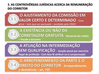 • O AJUSTAMENTO DA COMISSÃO EM
VALOR CERTO E DETERMINADO - Over
price – tem que ser pactuado – proibido pelo CRECI
3.1
• A EXISTÊNCIA OU NÃO DA
CORRETAGEM GRATUITA - Renúncia de crédito
– fraude a terceiros
3.2
• A ATUAÇÃO NA INTERMEDIAÇÃO
SEM QUALIFICAÇÃO - Sanção penal por exercício
ilegal de profissão - Com boa-fé atribuir-se-á compensação
3.3
• O ARREPENDIMENTO DA PARTE E O
DIREITO DO CORRETOR - Arrependimento
e desistência – art. 725
3.4
3. AS CONTROVÉRSIAS JURÍDICAS ACERCA DA REMUNERAÇÃO
DO CORRETOR
 
