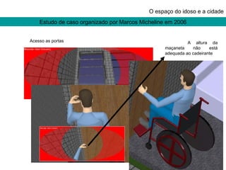 Estudo de caso organizado por Marcos Micheline em 2006 O espaço do idoso e a cidade Acesso as portas A altura da maçaneta não está adequada ao cadeirante 