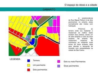 GABARITO O espaço do idoso e a cidade A predominância da Rua Miguel Petroni é de dois pavimentos, no entanto, estes normalmente são mistos com habitação.  Próximos ao terreno onde vou implantar o residencial da melhor idade existem dois prédios, sendo um de sete andares e outro de doze andares. No entanto não ocasionará impactos de vizinhança ao implantar duas torres de treze andares cada para atender a demanda de moradia com acessibilidade na cidade de São Carlos. Dois ou mais Pavimentos Terreno Um pavimento Dois pavimentos Doze pavimentos LEGENDA 