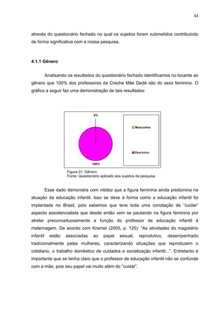 44



através do questionário fechado no qual os sujeitos foram submetidos contribuindo
de forma significativa com a nossa pesquisa.



4.1.1 Gênero


           Analisando os resultados do questionário fechado identificamos no tocante ao
gênero que 100% dos professores da Creche Mãe Dedé são do sexo feminino. O
gráfico a seguir faz uma demonstração de tais resultados:




                                      0%


                                                               Masculino




                                                               Fem inino


                                     100%

                      Figura 01: Gênero
                      Fonte: Questionário aplicado aos sujeitos da pesquisa


           Esse dado demonstra com nitidez que a figura feminina ainda predomina na
atuação da educação infantil. Isso se deve à forma como a educação infantil foi
implantada no Brasil, pois sabemos que teve toda uma conotação de “cuidar”
aspecto assistencialista que desde então vem se pautando na figura feminina por
atrelar preconceituosamente a função do professor de educação infantil à
maternagem. De acordo com Kramer (2005, p. 125): “As atividades do magistério
infantil     estão   associadas      ao     papel    sexual,     reprodutivo,   desempenhado
tradicionalmente pelas mulheres, caracterizando situações que reproduzem o
cotidiano, o trabalho doméstico de cuidados e socialização infantil...”. Entretanto é
importante que se tenha claro que o professor de educação infantil não se confunde
com a mãe, pois seu papel vai muito além do “cuidar”.
 