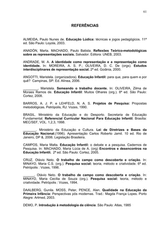 61



                               REFERÊNCIAS


ALMEIDA, Paulo Nunes de. Educação Lúdica: técnicas e jogos pedagógicos. 11ª
ed. São Paulo: Loyola, 2003.

ANADÓN, Marta. MACHADO, Paulo Batista. Reflexões Teórico-metodológicas
sobre as representações sociais. Salvador. Editora: UNEB, 2003.

ANDRADE, M. A. A identidade como representação e a representação como
identidade. In: MOREIRA, A. S. P.; OLIVEIRA, D. C. De (orgs). Estudos
interdisciplinares de representação social. 2ª ed. Goiânia, 2000.

ANGOTTI, Maristela. (organizadora). Educação Infantil: para que, para quem e por
quê? Campinas, SP: Ed. Alínea, 2006.

________, Maristela. Semeando o trabalho docente. In: OLIVEIRA, Zilma de
Moraes Ramos de. Educação Infantil: Muitos Olhares (org.). 8ª ed. São Paulo:
Cortez, 2008.

BARROS, A. J. P. e LEHFELD, N. A. S. Projetos de Pesquisa: Propostas
metodológicas. Petrópolis, RJ: Vozes, 1990.

BRASIL. Ministério da Educação e do Desporto. Secretaria de Educação
Fundamental. Referencial Curricular Nacional Para Educação Infantil. Brasília:
MEC/SEF, VOL. 1,2,3, 1998.

_______. Ministério da Educação e Cultura. Lei de Diretrizes e Bases da
Educação Nacional.(1996). Apresentação Carlos Roberto Jamil. 10 ed. Rio de
Janeiro, DP &, 2006. Legislação Brasileira.

CAMPOS, Maria Malta. Educação Infantil: o debate e a pesquisa. Cadernos de
Pesquisa. In: MACHADO, Maria Lúcia de A. (org) Encontros e desencontros na
Educação Infantil. 2ª ed. São Paulo: Cortez, 2005.

CRUZ, Otávio Neto. O trabalho de campo como descoberta e criação. In:
MINAYO, Maria C.S. (org.). Pesquisa social: teoria, método e criatividade. 6ª ed.
Petrópolis : Vozes, 1996.

______, Otávio Neto. O trabalho de campo como descoberta e criação. In:
MINAYO, Maria Cecília de Souza (org.). Pesquisa social: teoria, método e
criatividade. Petrópolis : Vozes, 1994.

DAALBERG, Gunila. MOSS, Peter, PENCE, Alan. Qualidade na Educação da
Primeira Infância: Perspectivas pós modernas. Trad.: Magda França Lopes. Porto
Alegre: Artmed, 2003.

DEMO, P. Introdução à metodologia da ciência. São Paulo: Atlas, 1985
 